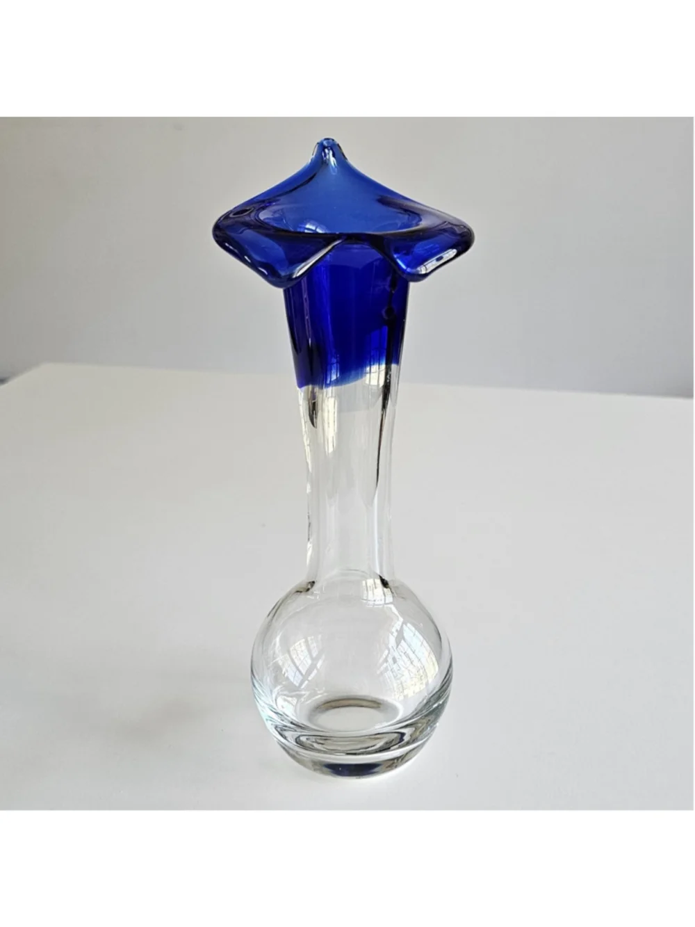 Vintage Murano Style Cobalt Blue & Clear Art Glass Jack-in-the-Pulpit Vase